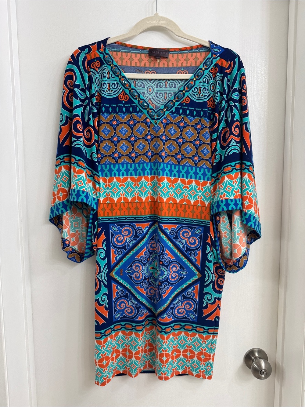Hale Bob Navy, Turquoise & Orange Printed V-Neck Mini Dress